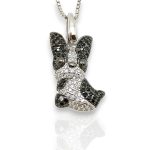 Boston Terrier silver dog pendant with black and white cubic zirconia stones