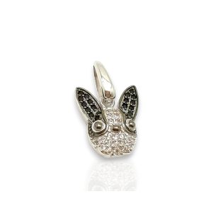   Boston Terrier head silver dog pendant with black and white cubic zirconia stones