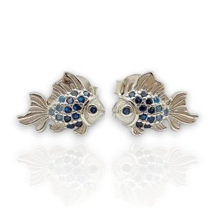 Silver fish earrings with blue stones