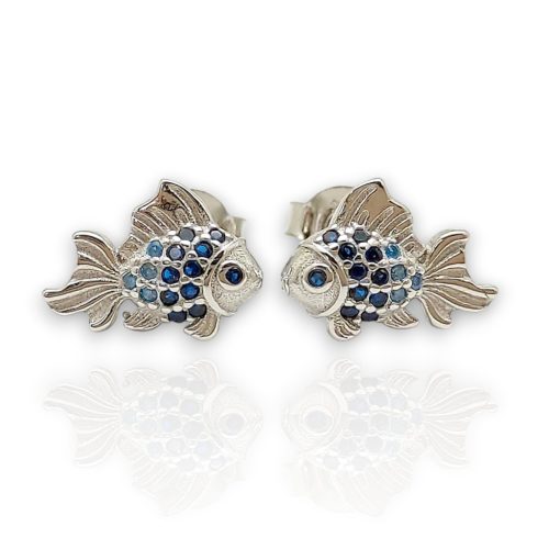 Silver fish earrings with blue stones