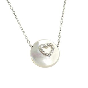 Silver heart necklace with white mother-of-pearl