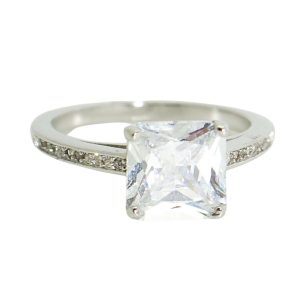 Silver engagement ring with square zirconia stone