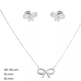 Two-piece silver bow jewelry set with necklace and earrings