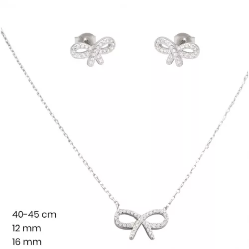 Two-piece silver bow jewelry set with necklace and earrings