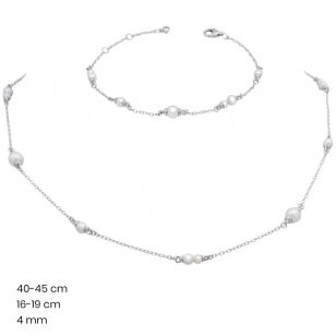 Silver jewelry set with chain and bracelet with pearls