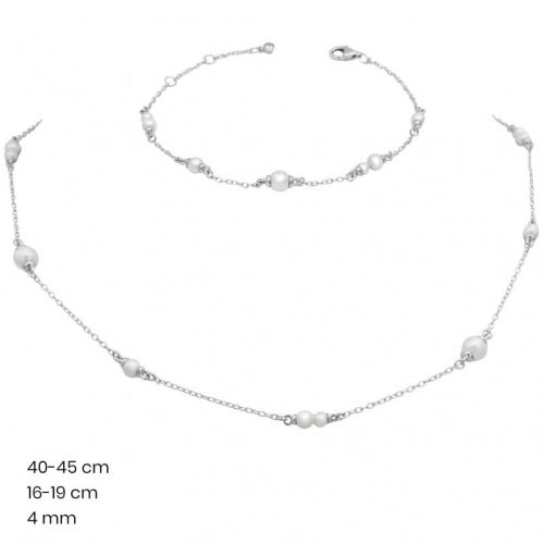 Silver jewelry set with chain and bracelet with pearls