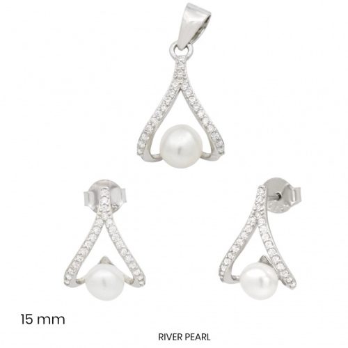 Silver two-piece pearl set with geometric earrings and pendant