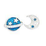 Silver mismatched earrings with blue planet and moon
