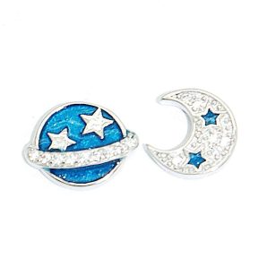 Silver mismatched earrings with blue planet and moon