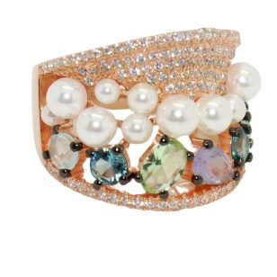   Silver cocktail ring in rose gold color with white pearls and colored stones 