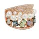 Silver cocktail ring in rose gold color with white pearls and colored stones 