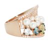   Silver cocktail ring in rose gold color with white pearls and colored stones 