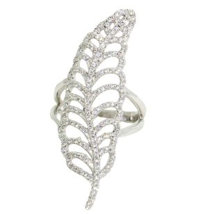 Silver ring with leaf pattern and zirconia stones