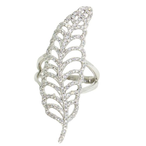 Silver ring with leaf pattern and zirconia stones