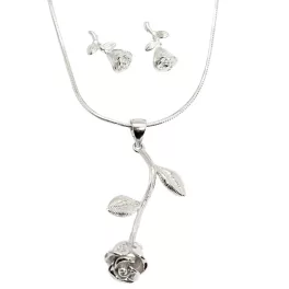Silver jewelry set with rose pendant and earrings