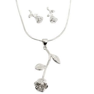 Silver jewelry set with rose pendant and earrings