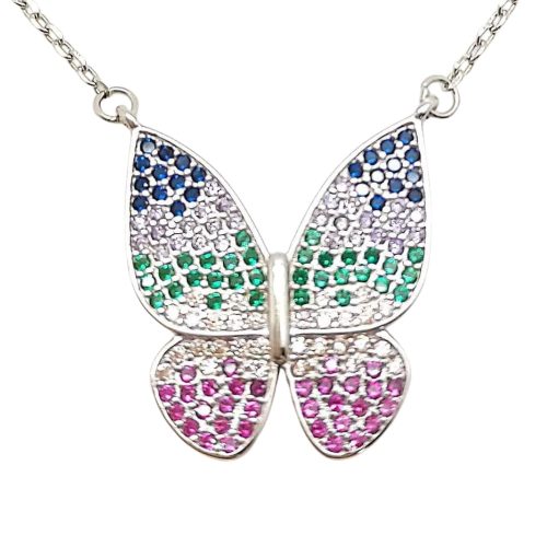 Silver necklace with colorful butterfly