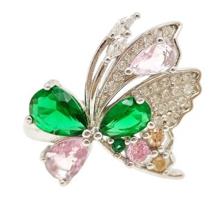 Silver butterfly cocktail ring with green stone