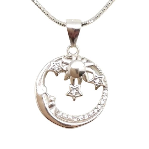 Silver pendant with sun, moon, and stars