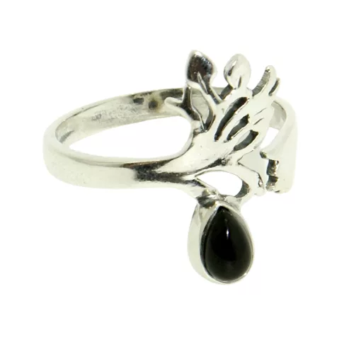 Silver adjustable ring with black onyx and wood pattern