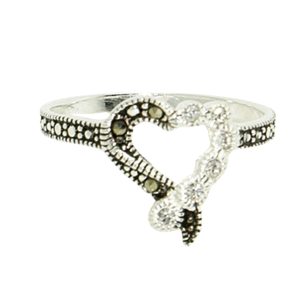 Silver heart ring with black and white marcasite