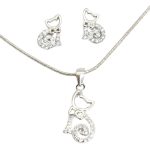 Sparkling kitten pendant and earrings silver jewelry set