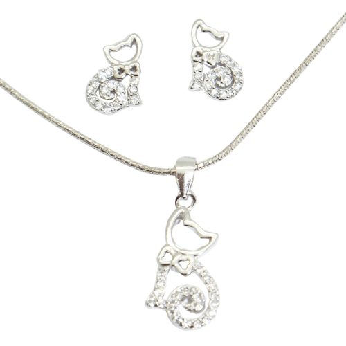 Sparkling kitten pendant and earrings silver jewelry set