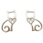 Silver cat earrings with zirconia hearts