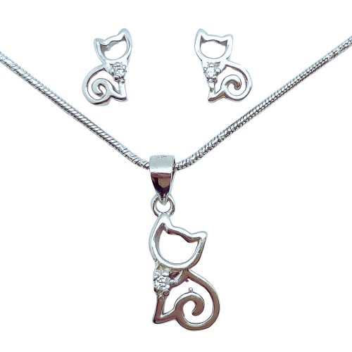 Sitting kitten pendant and earrings silver jewelry set