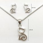 Sitting kitten pendant and earrings silver jewelry set
