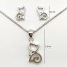 Sitting kitten pendant and earrings silver jewelry set