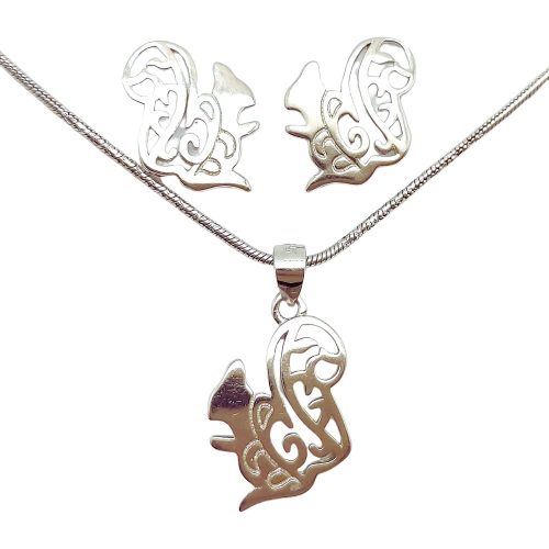 Airy squirrel pendant and earrings silver jewelry set