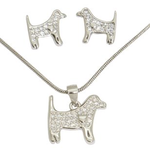 Dog heart pendant and earrings silver jewelry set