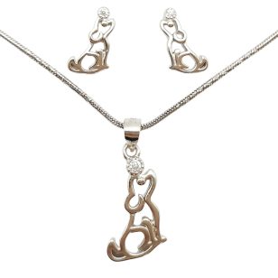 Playful dog pendant and earrings silver jewelry set