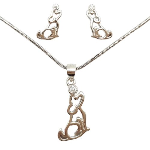Playful dog pendant and earrings silver jewelry set