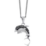 Silver dolphin pendant with black and white zirconia