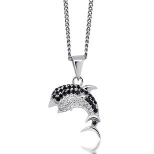 Silver dolphin pendant with black and white zirconia