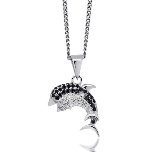 Silver dolphin pendant with black and white zirconia