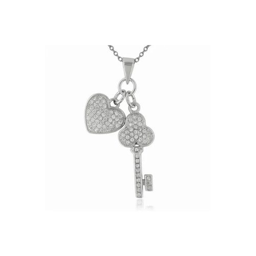 Key and heart silver pendant with zirconia