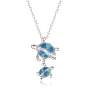 Silver turtle pendant in blue with mother and child