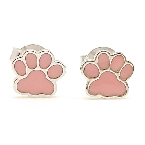Silver paw earrings with pink enamel
