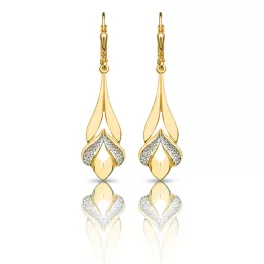 Long drop / dangle gold earrings with an open tulip