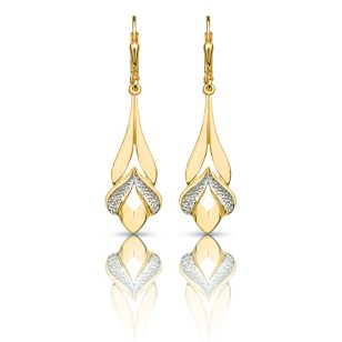 Long drop / dangle gold earrings with an open tulip