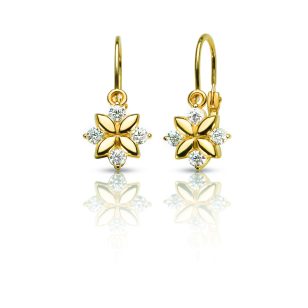 Gold earrings with a front clasp and a zirconia flower