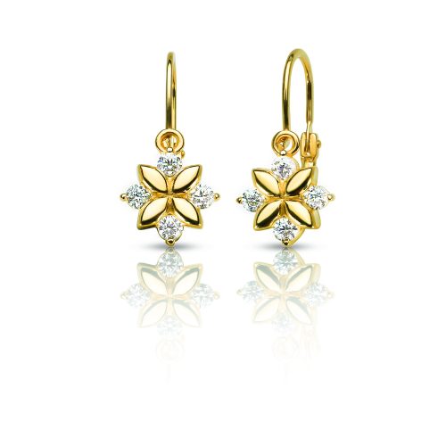 Gold earrings with a front clasp and a zirconia flower